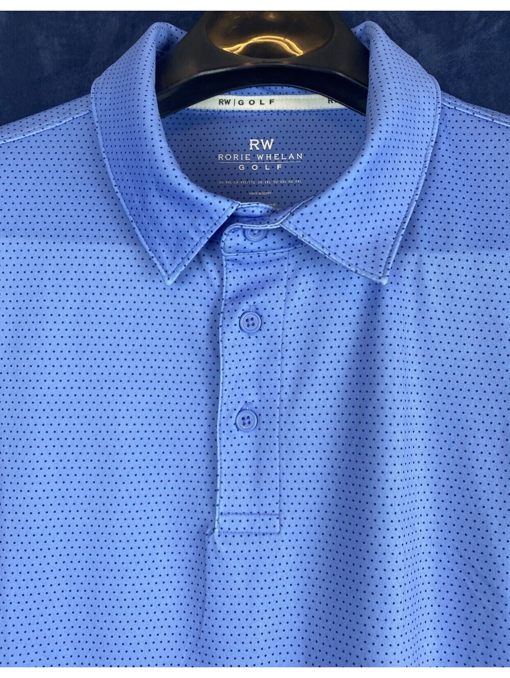 Rorie Whelan golf polo Men’s XXL Blue Black Polka Dot